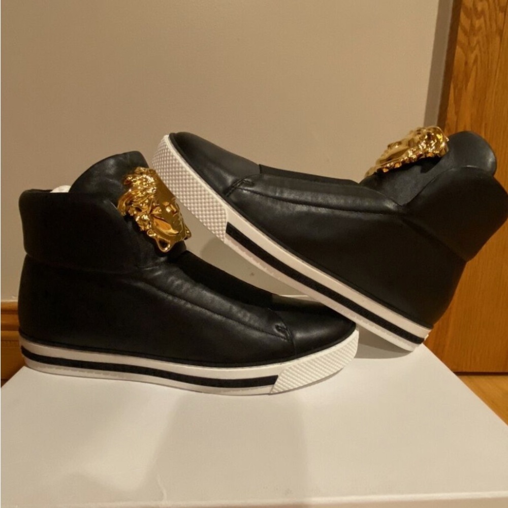 Versace Black and Gold High-Top Sneakers with Metallic Embellishment